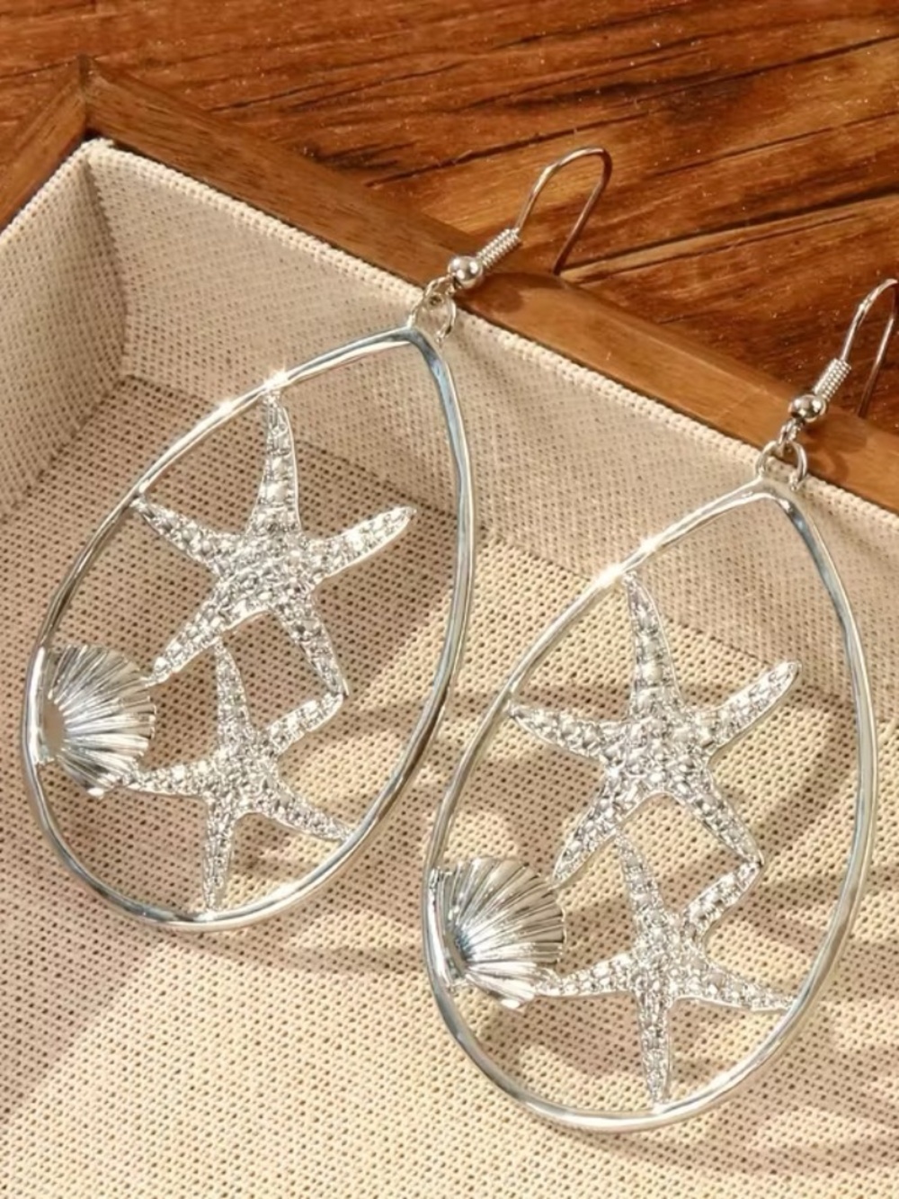 Silver Starfish Shell Teardrop Dangle Earrings